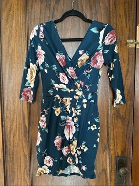 iris Navy Floral Wrap Dress with Pink & Gold Roses